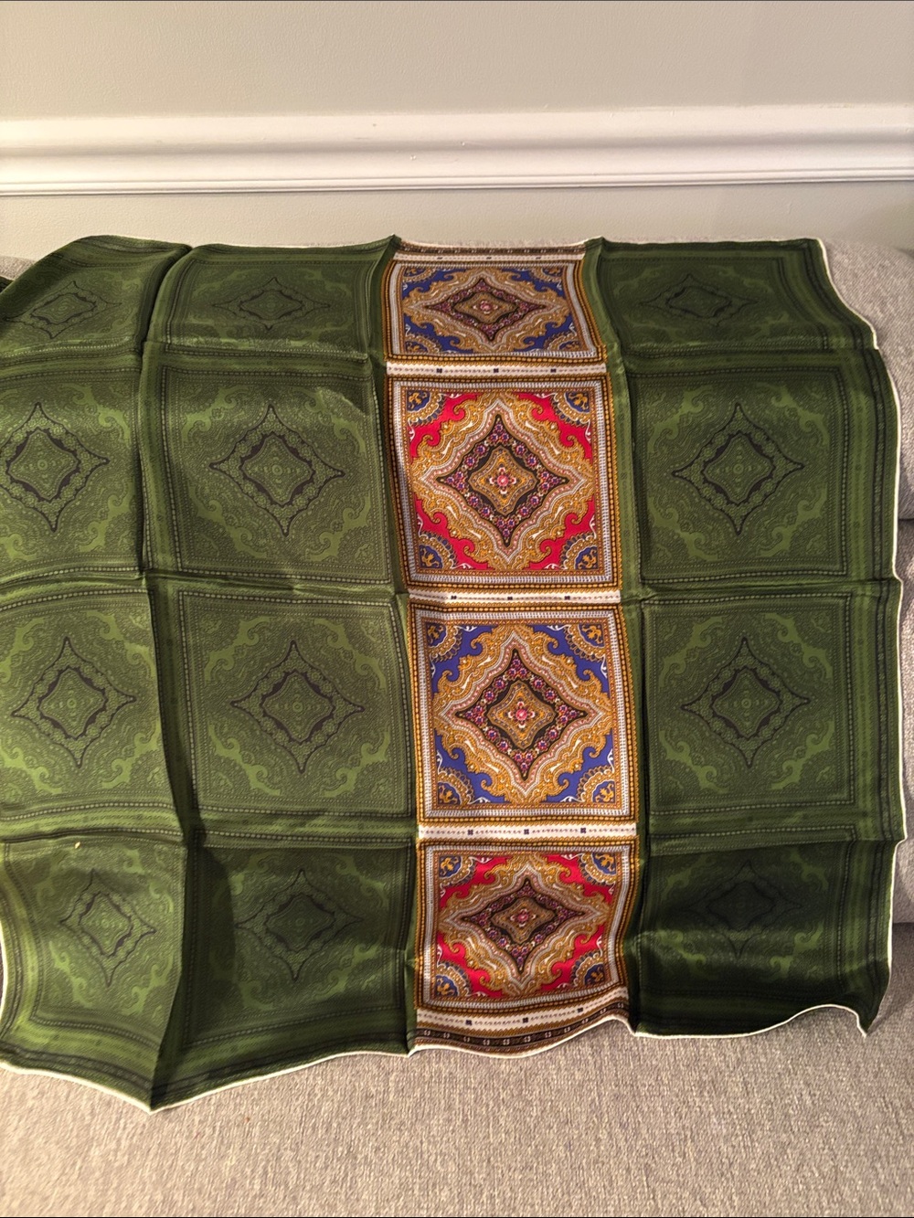 Green Paisley Medallion Silk Scarf with Multicolor Center Panel by Ben Goodman -